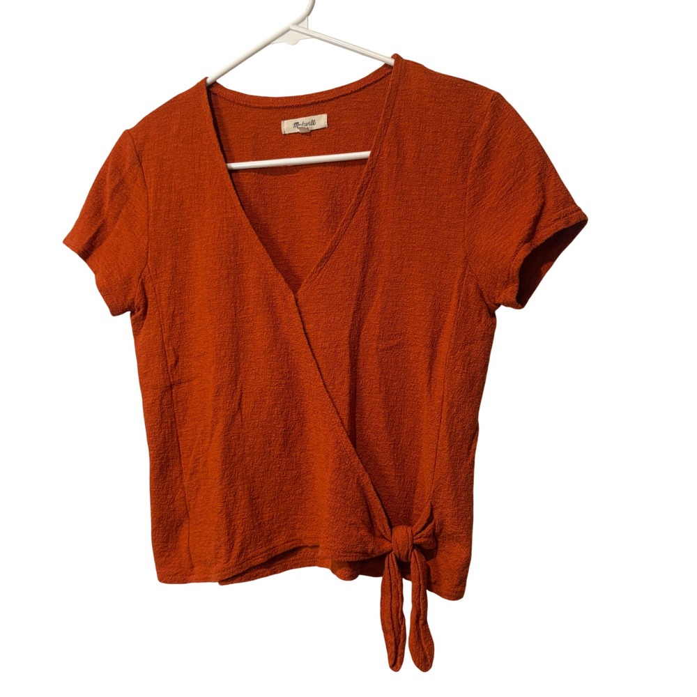 Madewell Wrap Top Women XS Burnt Orange Textured Cotton V-Neck Boho Cottage Cute